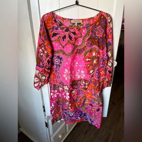 See by Chloe Graphic Silk Pink and Purple Mini Dress 3/4 Sleeve - Picture 1 of 7